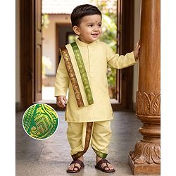Babyhug Cambric Woven Full Sleeves Solid Kurta With Coordinating Dhoti & Angavastram -  Offwhite