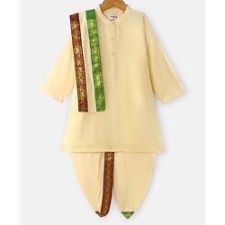 Babyhug Cambric Woven Full Sleeves Solid Kurta With Coordinating Dhoti & Angavastram -  Offwhite