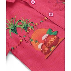 Babyhug Cambric Woven Half Sleeves Printed Shirt & Mundu Set - Pink