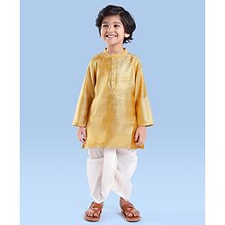 Babyhug Woven Full Sleeves  Dobby Embroidered Kurta & Dhoti Set -  Beige