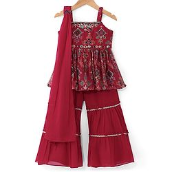 Babyhug Woven  Singlet Sleeves  Mirror Work & Embroidered  Kurti Gharara Set with Dupatta  - Red