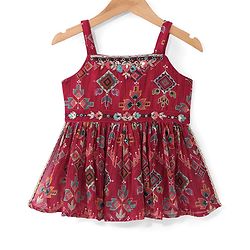 Babyhug Woven  Singlet Sleeves  Mirror Work & Embroidered  Kurti Gharara Set with Dupatta  - Red