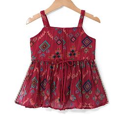 Babyhug Woven  Singlet Sleeves  Mirror Work & Embroidered  Kurti Gharara Set with Dupatta  - Red