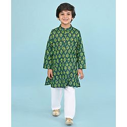 Babyhug Cotton Woven Full Sleeves Printed Kurta Pyjama Set -Green