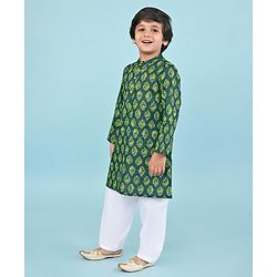 Babyhug Cotton Woven Full Sleeves Printed Kurta Pyjama Set -Green