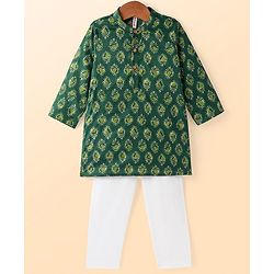 Babyhug Cotton Woven Full Sleeves Printed Kurta Pyjama Set -Green