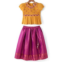 Babyhug Woven Short Sleeves Pattu Pavada Lehenga Choli Set with Floral Embroidery - Fuschia