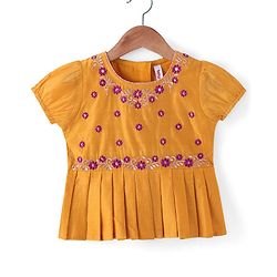 Babyhug Woven Short Sleeves Pattu Pavada Lehenga Choli Set with Floral Embroidery - Fuschia