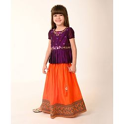 Babyhug Woven Short Sleeve Floral Embroidered Pattu Pavada Choli Lehenga Set with Foil Print - Orange