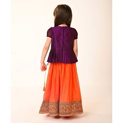 Babyhug Woven Short Sleeve Floral Embroidered Pattu Pavada Choli Lehenga Set with Foil Print - Orange
