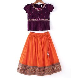 Babyhug Woven Short Sleeve Floral Embroidered Pattu Pavada Choli Lehenga Set with Foil Print - Orange