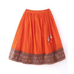 Babyhug Woven Short Sleeve Floral Embroidered Pattu Pavada Choli Lehenga Set with Foil Print - Orange