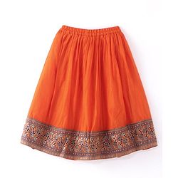 Babyhug Woven Short Sleeve Floral Embroidered Pattu Pavada Choli Lehenga Set with Foil Print - Orange