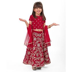 Babyhug Woven Half Sleeves Floral & Sequined Embroidered Choli Lehenga Set with Dupatta - Fuschia
