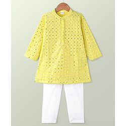 Babyhug Woven Full Sleeves Mirror Embroidered Kurta & Pyjama Set - Yellow