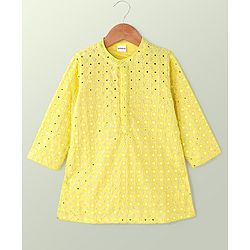 Babyhug Woven Full Sleeves Mirror Embroidered Kurta & Pyjama Set - Yellow