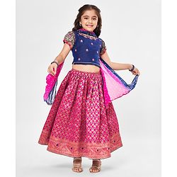 Babyhug Short Sleeves Floral Embroidered Pattu Pavada Lehenga Choli Set With Dupatta - Fuschia