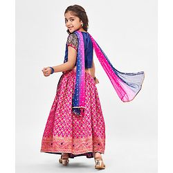 Babyhug Short Sleeves Floral Embroidered Pattu Pavada Lehenga Choli Set With Dupatta - Fuschia