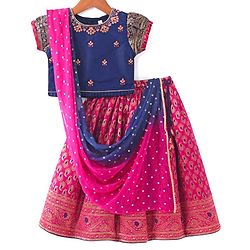 Babyhug Short Sleeves Floral Embroidered Pattu Pavada Lehenga Choli Set With Dupatta - Fuschia