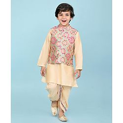 Babyhug Woven Full Sleeves Kurta Dhoti Set with Printed Jacket - Peach