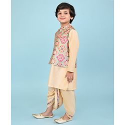 Babyhug Woven Full Sleeves Kurta Dhoti Set with Printed Jacket - Peach