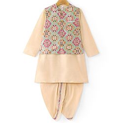 Babyhug Woven Full Sleeves Kurta Dhoti Set with Printed Jacket - Peach