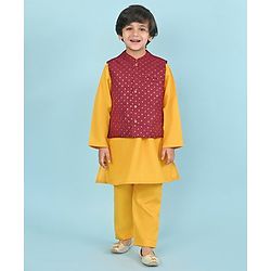 Babyhug Woven Full Sleeves Kurta & Pyjama Set With Embroidered Waistcoat - Mustard