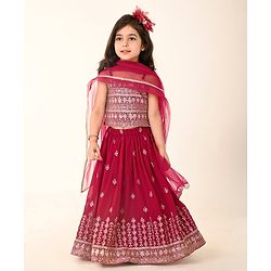 Babyhug Woven Sleeveless Embroidered Choli Lehenga and Dupatta Set - Hot Pink