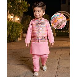 Babyhug Woven Full Sleeves Kurta &  Pyjama Set With Embroidered Waistcoat - Pink