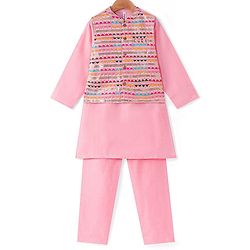 Babyhug Woven Full Sleeves Kurta &  Pyjama Set With Embroidered Waistcoat - Pink