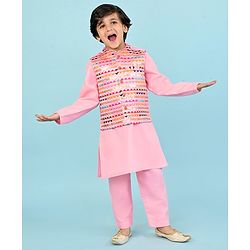 Babyhug Woven Full Sleeves Kurta &  Pyjama Set With Embroidered Waistcoat - Pink