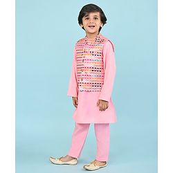 Babyhug Woven Full Sleeves Kurta &  Pyjama Set With Embroidered Waistcoat - Pink