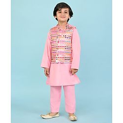 Babyhug Woven Full Sleeves Kurta &  Pyjama Set With Embroidered Waistcoat - Pink