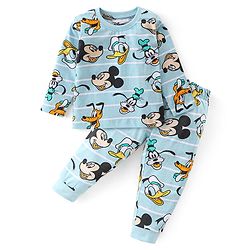 Babyhug Disney Cotton Knit Full Sleeves Night Suit with Mickey Mouse Graphics - Blue & White