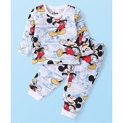Babyhug Disney Cotton Knit Full Sleeves Night Suit with Mickey Mouse Graphics - White