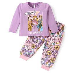 Babyhug Disney Single Jersey Full Sleeves Night Suit with Princess & Floral Print - Purple