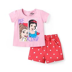 Babyhug Disney Cotton Knit Half Sleeves Night Suit With Disney Princess Print - Pink