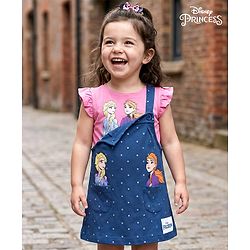 Babyhug Disney Interlock Knit Frock with Frill Sleeves T-Shirt Disney Princess Graphics - Pink & Blue