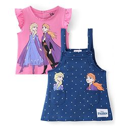 Babyhug Disney Interlock Knit Frock with Frill Sleeves T-Shirt Disney Princess Graphics - Pink & Blue