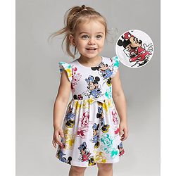 Babyhug Disney Cotton Knit Frill Sleeves Minnie Mouse Printed Frock with Bloomer - White