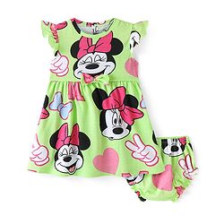 Babyhug Disney Cotton Interlock Sleeveless Frock With Bloomer Minnie Mouse Print - Green