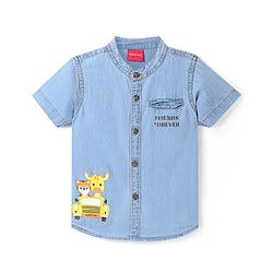 Babyhug Cotton Woven Half Sleeves Denim Shirt With Mandarin Collar Animal Print - Blue