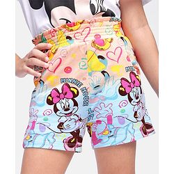 Babyhug Disney Cotton Knit Above Knee Length Shorts With Minnie Mouse Print & Smocking Detailing - Multicolor