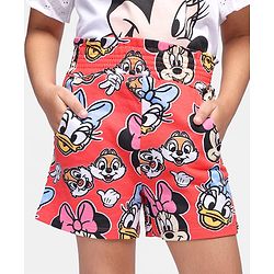 Babyhug Disney 100% Cotton Knit Above Knee Length Shorts with Minnie Mouse Print & Smocking Detailing - Red