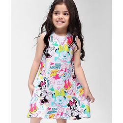 Babyhug Disney Single Jersey Sleeveless Frock With Minnie Mouse Print - White