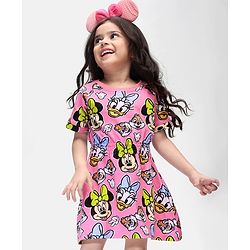 Babyhug Disney Single Jersey Half Sleeves  Frock With Gathers Detailing & Minnie Mouse Print - Pink