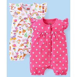 Babyhug 100% Cotton Knit Frill  Sleeves  Rompers with Floral Print  Pack of 2 - Multicolour