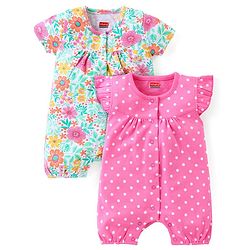 Babyhug 100% Cotton Knit Half Sleeves Floral & Polka Dots Printed Rompers Pack of 2 - Multicolour