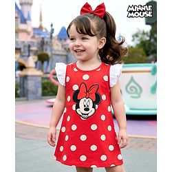 Babyhug Disney Single Jersey Knit Half Sleeves Top With Frocks Minnie Mouse Graphics and Frill Detailing- Red & White