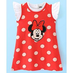 Babyhug Disney Single Jersey Knit Half Sleeves Top With Frocks Minnie Mouse Graphics and Frill Detailing- Red & White